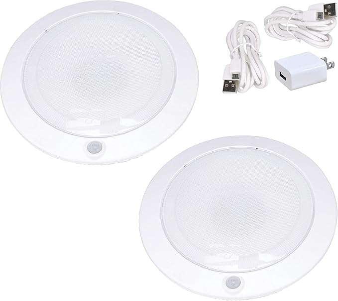 Good Earth Lighting Rechargeable LED Tap Lights (2-Pack) 7-Inch White Round Closet Light, Motion Sensor, 300 Lumens, 4000K, Auto Timer with Command Strips by 3M for Damage Free Mounting, USB Charger