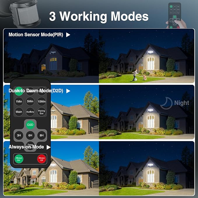 130W Motion Sensor Light Outdoor Plug in, 13000LM LED Security Lights with Remote Control, 3 Adjustable Heads, 3 Modes, Plug in Flood Lights Outodoor IP65 Waterproof for Garage Yard (White)