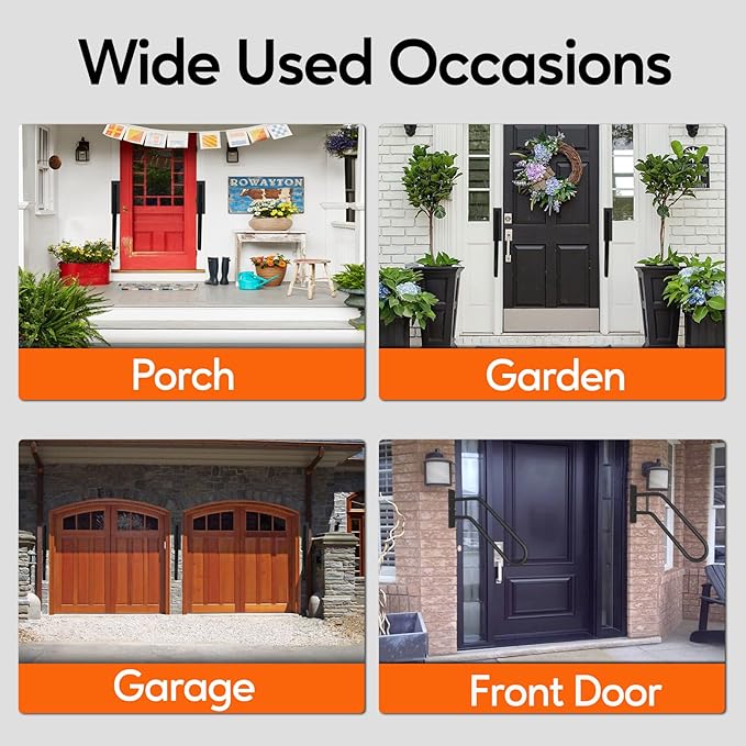 Outdoor Handrail for 1-3 Steps, 22.8" Length Wall Mount Stair Railing, 500LBS Strong U-Shaped Safety Grab Bar, Matte Black Metal