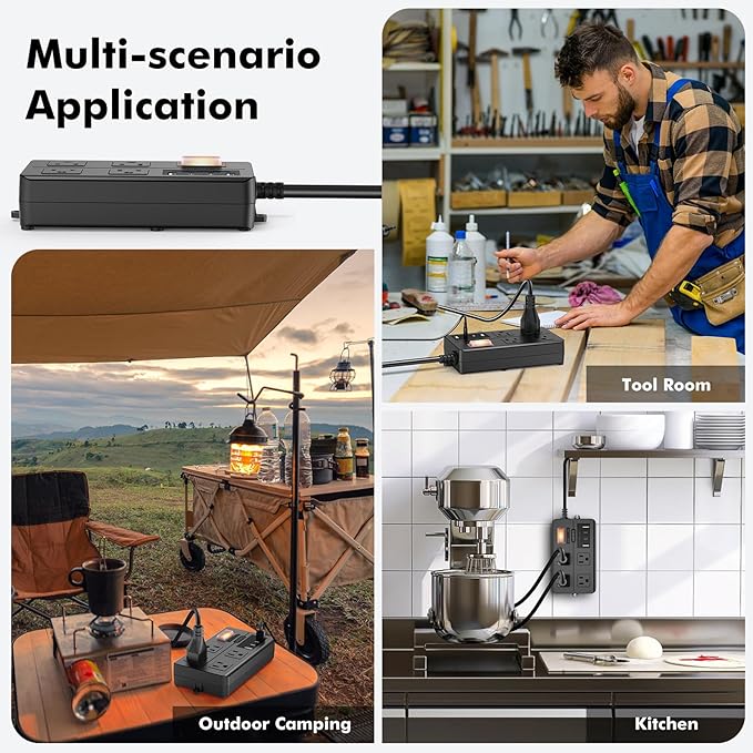 IPX6 Outdoor Power Strip Weatherproof, Waterproof Surge Protector with 4 Wide Outlet with 2A2C USB Ports, 10FT Long Extension Cord, Wall Mountable for Outside Decorations and More UL Listed(Black)