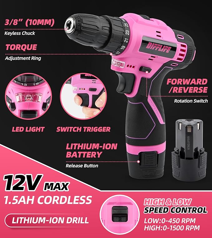 147 Piece Pink Power Drill Drivers Tool Set with 12V Cordless Drill, Professional Household Home Tools Kit Set, DIY Pink Electric Drill Cordless Hand Tool Box for Women