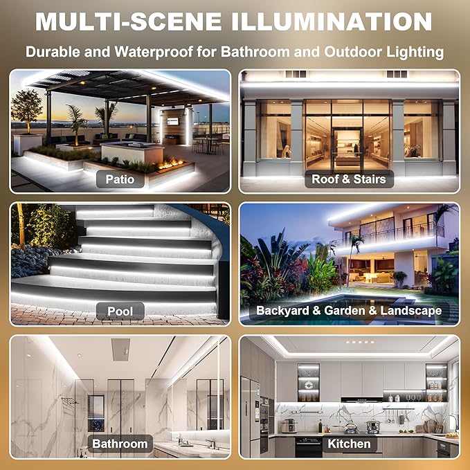 IP67 Waterproof COB LED Strip Lights AC 120V Direct Plug, 33FT Super Bright Outdoor Strip Lights with Double Fuse Controller, 6500K White LED Strips for Garden Patio Commercial Decor