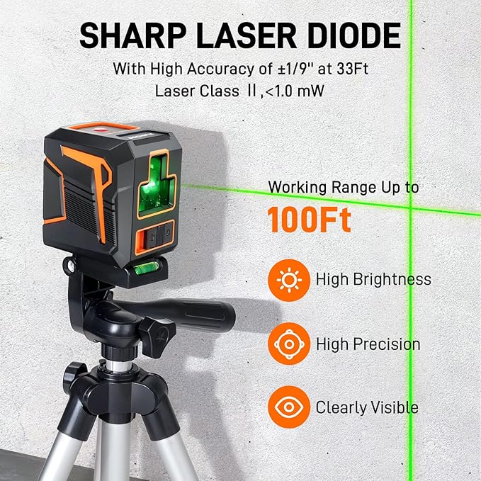 Laser Level with Tripod Self Leveling Cross Line Laser Level 100ft Green Line Leveler Tool with Manual Mode IP54 Waterproof for Picture Hanging, Tile, Construction Indoor Project