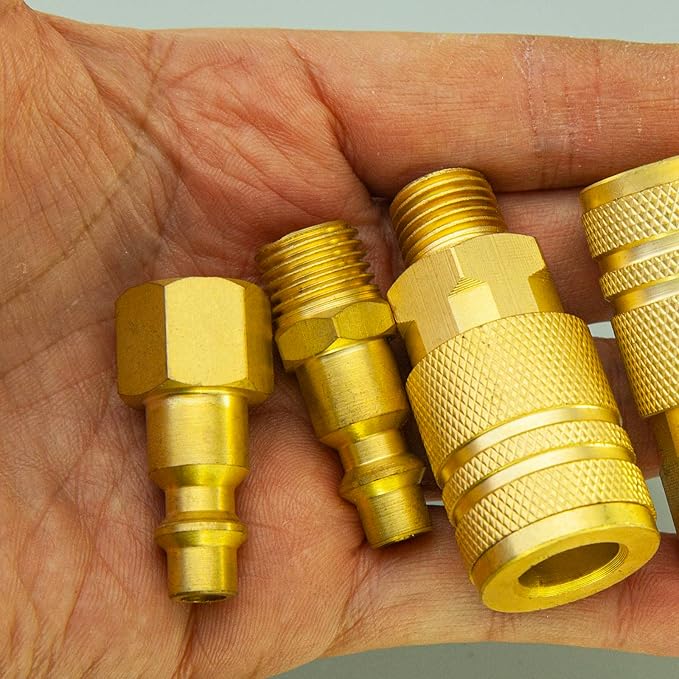 1/4" NPT Solid Brass Air Coupler and Plug Kit,Air Compressor Fittings, 1 Male Coupler and 1 Female Plug 3 Male Plugs, 5pcs Air Line Fittings Quick Connectors