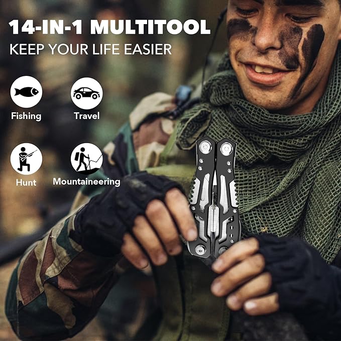 14-In-1 Multitool with Safety Locking, Professional Stainless Steel Multitool Pliers Pocket Knife, Bottle Opener, Screwdriver with Nylon Sheath ,Apply to Survival,Camping, Hunting and Hiking