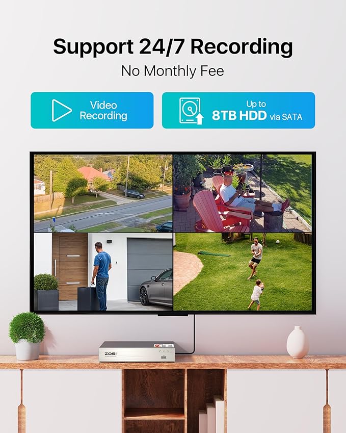 ZOSI H.265+ Home Security Camera System Outdoor Indoor, 8 Channel 5MP-Lite CCTV DVR Recorder and 4pcs Weatherproof Surveillance Bullet Camera,Night Vision,Remote Access,Motion Alerts (No HDD)