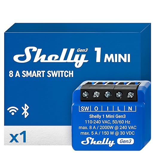 Shelly 1 Mini Gen3 | WiFi Smart Switch Relay 1 Channel 8A | Home Automation | Bluetooth Gateway | Compatible with Alexa & Google Home | iOS Android App | No Hub Required | Dry Contacts
