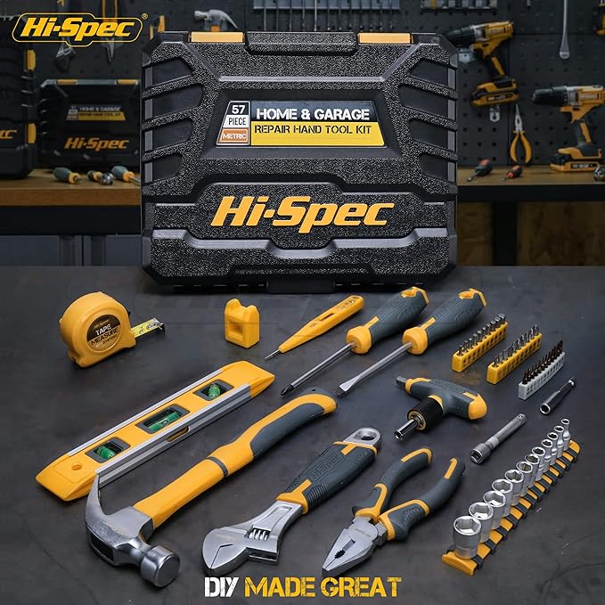Hi-Spec 57pc Home & Garage DIY Tool Kit Set. Complete Beginner Handyman and Home Mechanics Tool Box Set for Household Repairs