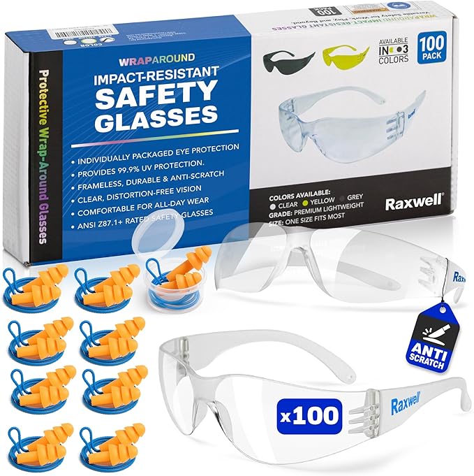 Raxwell Clear Safety Glasses, ANSI Z87.1, Wraparound, Anti-Scratch, Impact-Resistant, Eye Protection for Work & DIY