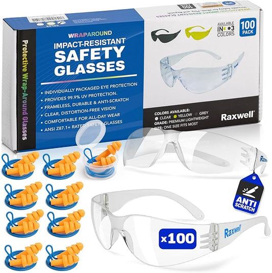Raxwell Clear Safety Glasses, ANSI Z87.1, Wraparound, Anti-Scratch, Impact-Resistant, Eye Protection for Work & DIY