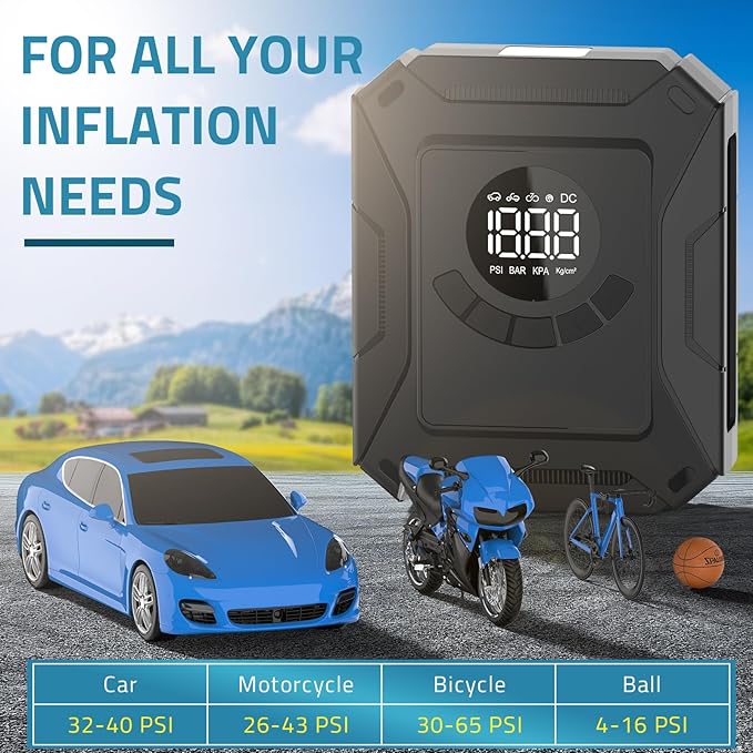 PAULINN Tire Inflator Air Compressor 12V DC Portable Air Pump 150 PSI for Car Tires, Auto Tire Pump with Digital Pressure Gauge, Auto Shutoff & LED Light for Cars, Motorcycles, Bikes & Balls, Black