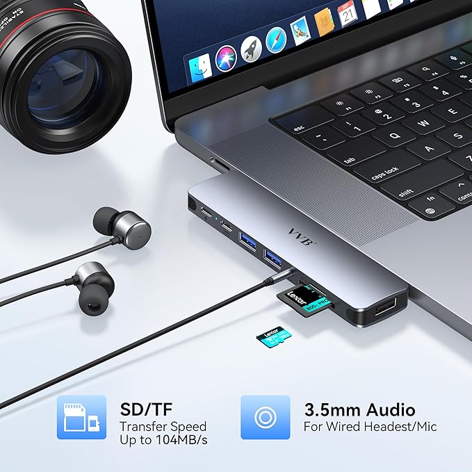 USB C Adapter for MacBook Pro Air M1 M2 M3 2021 2020 2019 13" 15" 16",USB C Hub Mac MacBook Pro Accessories Dongle USB C with 3 USB Ports+SD/TF Card Reader+100W Thunderbolt 3 PD Port+3.5mm Audio