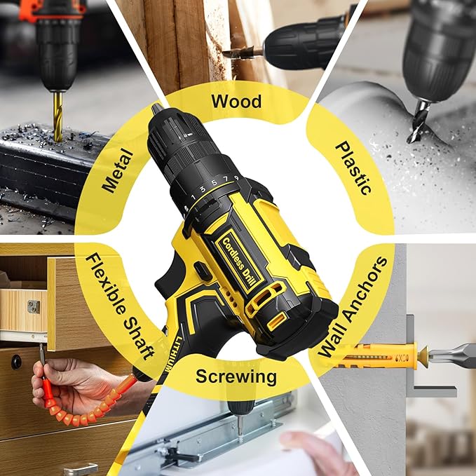 Cordless Drill, 20V Power Drill, Double 2000mAh Power Pack Electric Drills, Cordless Drills with Power Pack and Charger, 3/8" Keyless Chuck Screwdriver with 25+1 Max 370 In-lb Torque, 42Pcs Bits