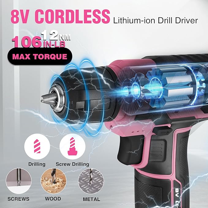 WORKPRO Pink Cordless Drill Driver with Toolbox, 8V Lithium-ion Power Drill and Bits, 2.0 Ah Portable Electric Screwdriver Home Tool Set with Stackable Pink Ribbon Tool Box