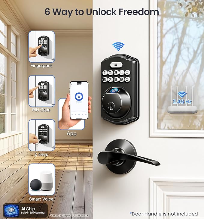 Veise VE012W Built-in WiFi Fingerprint Smart Lock, App Remote Control, No Hub Needed, Keyless Entry, Front Door Smart Deadbolt, Digital Keypad, Auto Lock, IP55 Waterproof, BHMA Grade 3, Matte Black