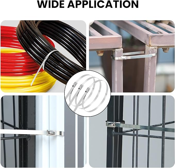 11.8 Inch 100 Pcs Stainless Steel Metal Zip Ties – Heavy Duty Outdoor Cable Ties with Self-Locking Design for Machinery, Vehicles, Farms, Pipes, Roofs, Cables
