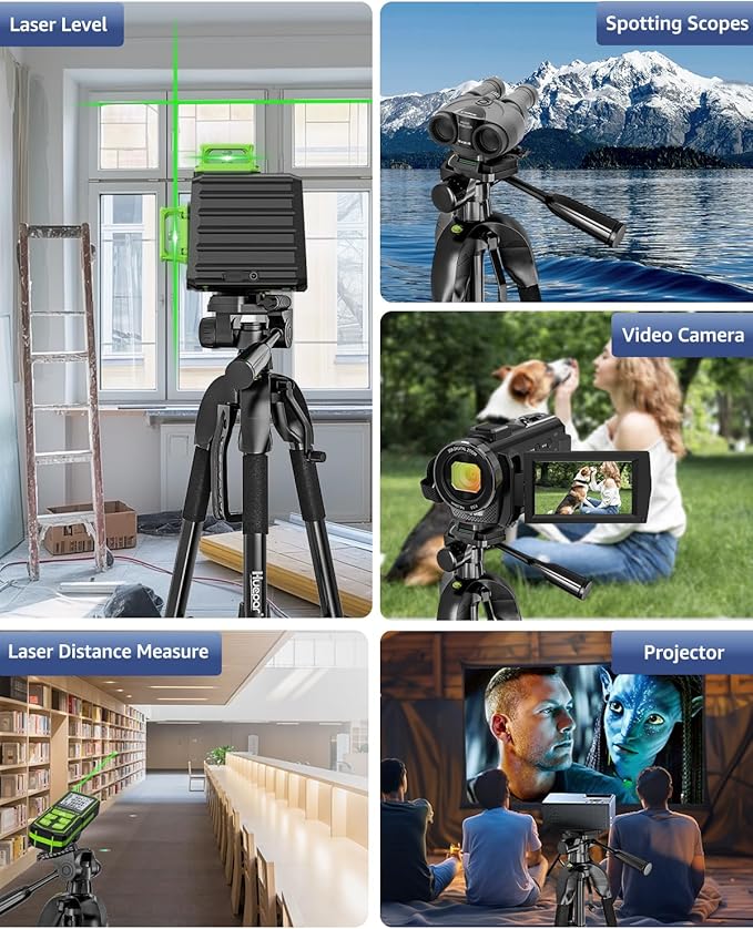 Laser Level Tripod, Huepar 56-inch Extendable Height Tripod Use with Line Lasers, Point Lasers, Laser Distance Measures, 1/4" and 5/8" Thread Mount, Multi-Function Hook, Non-Skid Feet, TPD14
