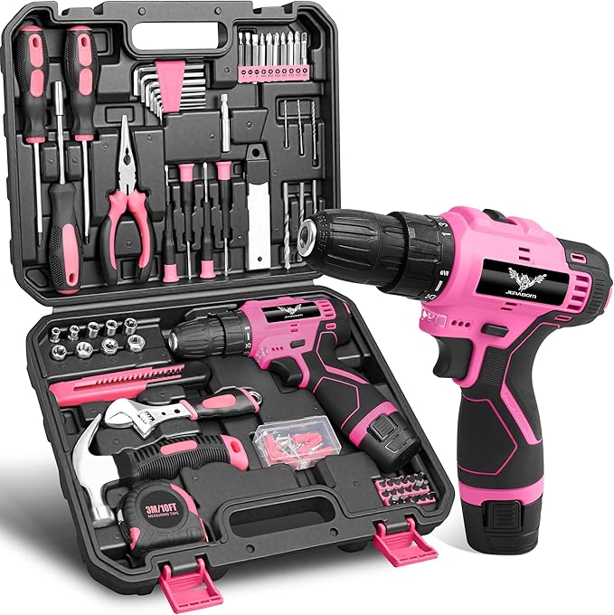 Pink Tool Set - 12V Cordless Drill Kit, 151 Piece Box With Hand Drill, Home Tool Kits for Men & Women, Perfect for Homeowner, Diyer, Handyman