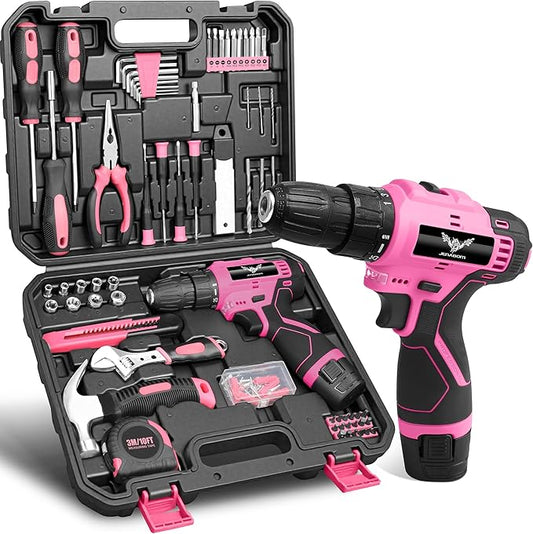 Pink Tool Set - 12V Cordless Drill Kit, 151 Piece Box With Hand Drill, Home Tool Kits for Men & Women, Perfect for Homeowner, Diyer, Handyman
