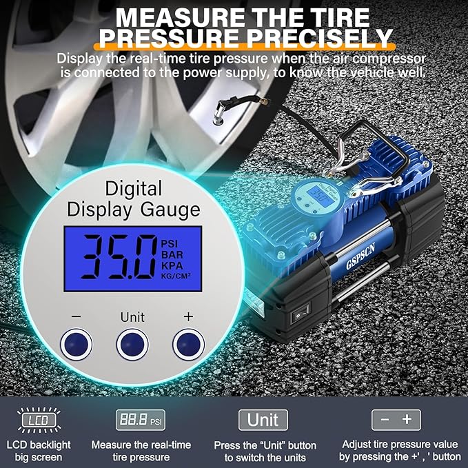 GSPSCN Portable Air Compressor Pump Tire Inflator with Digital Gauge, Heavy Duty Double Cylinder 12V Tire Pump 150 PSI with Tire Repair Kit and Toolbox for Auto,SUV,Off-Road,Truck,Bike (Blue)