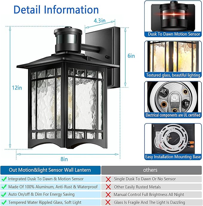 2 Pack Motion Sensor Outdoor Wall Lights, Dusk to Dawn Lighting, Led Exterior Light Fixture, Anti-Rust Lantern for Front Porch, Waterproof Black Outdoor Wall Sconce for House Garage Patio