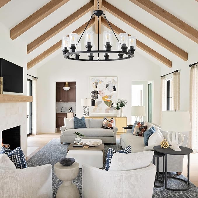 32“ Black Wagon Wheel Chandelier, 12-Light Farmhouse Glass Pendant Lights Kitchen Island Round Hanging Lighting fixtures Ceiling for Living Room, Dining Room, Kitchen Island, Entryway, Foyer