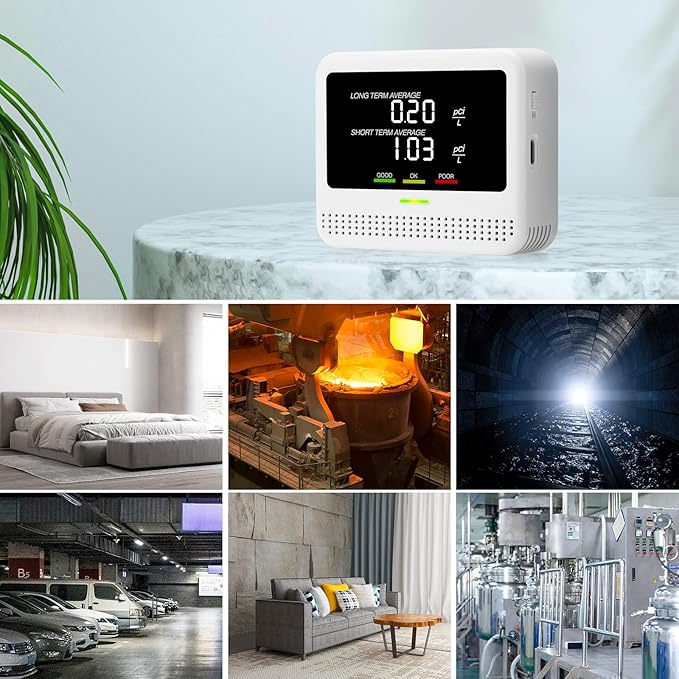 Digital Radon Detector - User-Friendly Desktop Device with HD LCD Display, 2-3 Years of Battery Life on 6-Hour Charge, 10-Year Sensor Lifespan, Perfect for Accurate Home and Office pCi/L Reading