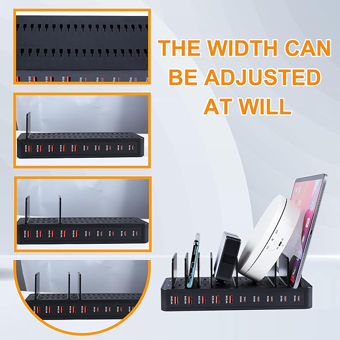 100W 10-Port Smart Charging Station | 5 USB-A & 5 USB-C Ports | Organized Design for Cellphones, Tablets, Watches & More (Black)