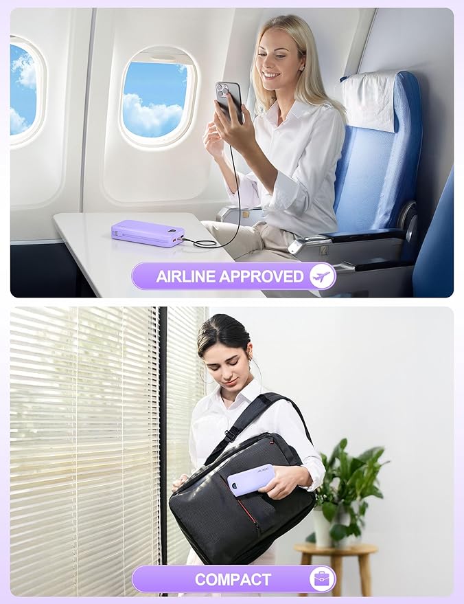 Portable Charger, 20000mAh 22.5W USB C Fast Charging Power Bank with Built-in Cables & Wall Plug, External Battery Pack with LED Display, Travel Essentials Compatible with iPhone, iPad, Samsung Purple