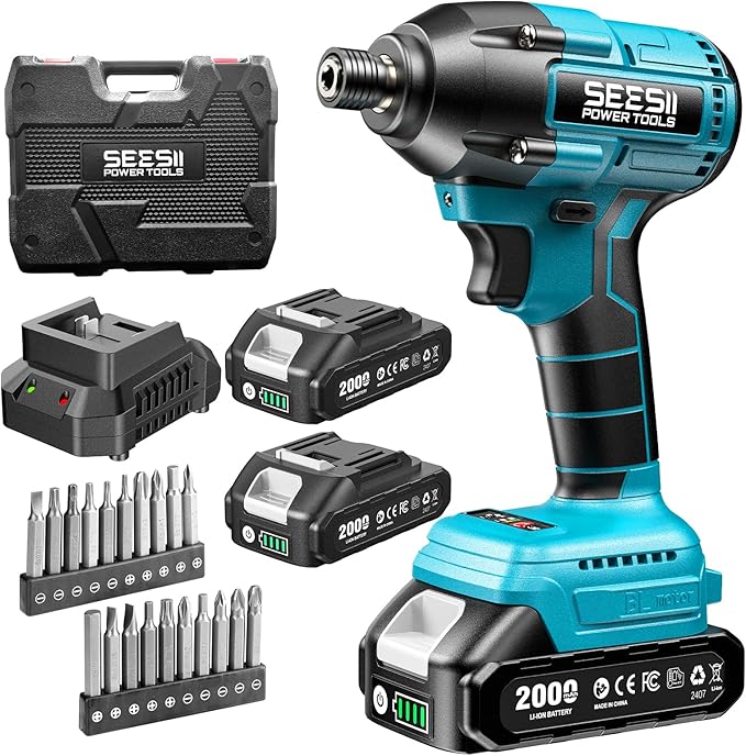 SEESII Cordless Impact Driver Kit, 21V Max Torque 1590 In-lbs(180 N.m) Impact Driver Set with Two 2.0 Ah Batteries, 1/4" Hex Chuck Power Impact Driver w/ 20 Pcs Drill Bits, 0-2500 RPM Variable Speed