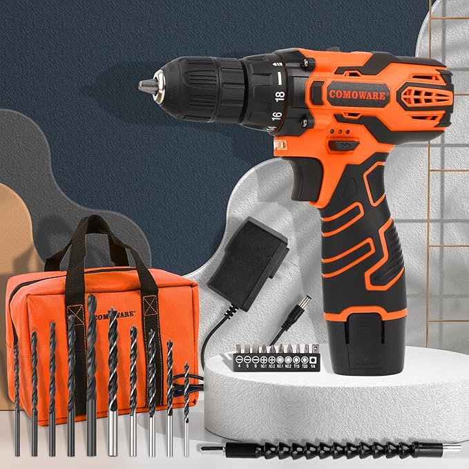 COMOWARE Cordless Drill Set, 12V Power Drill with Battery & Charger, 3/8" Keyless Chuck, 23Pcs Driver Bits Orange Storage Bag included