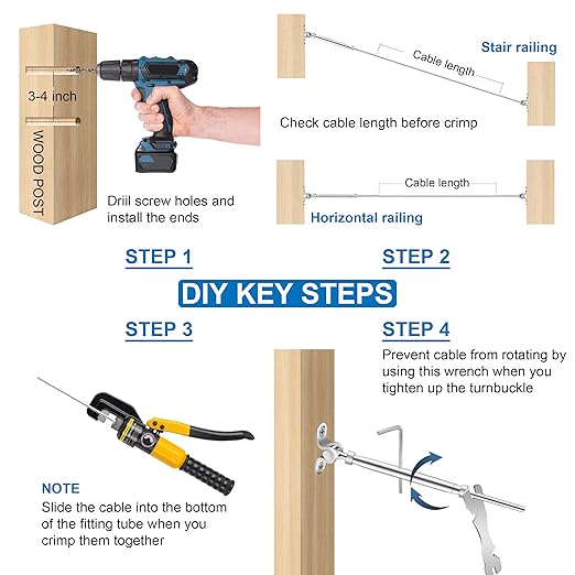 10 Pairs Cable Railing Kit 1/8" Swage Toggle Turnbuckle Hardware T316 Stainless Steel for Wood Post WoodEasy System Angle 180° Adjustable Stairs Deck 10 Cable Lines