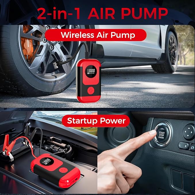 Tire Inflator Portable Air Compressor & Car Jump Starter, Cordless Air Pump with LED Light & Pressure Gauge for Auto,Motorcycles,Bikes,Balls, Emergency Battery Booster & Phone Charger,150PSI