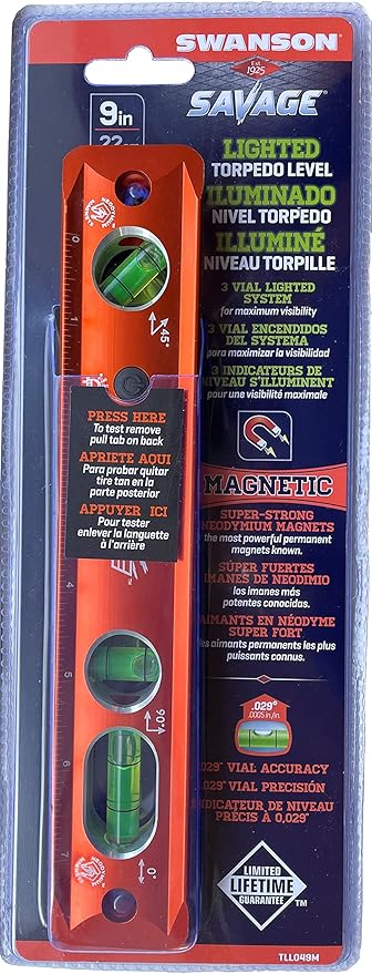Swanson Tool Co TLL049M Savage Lightning Aluminum Torpedo Magnetic Illuminated Levels, 9", 3 Vials
