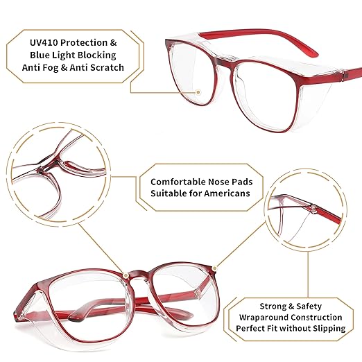 Alsenor Safety Glasses Anti Fog Goggles Protective Eyewear Blue Light Blocking Anti Dust UV Protection Glasses For Men Women (Red)