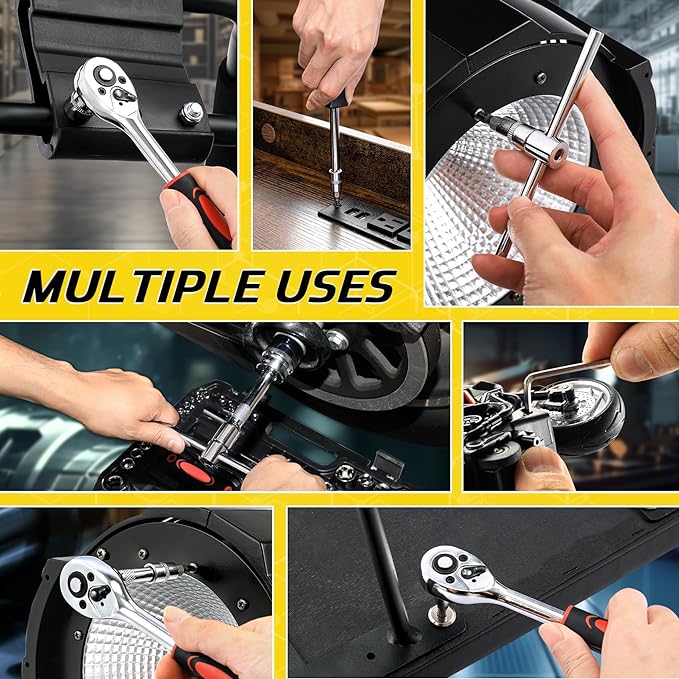 108 Piece Mechanics Tool Set Metric And Standard 1/4" & 1/2" Socket Set, Ratchet Set, Universal Joint, Extension Bars, Quick Release Reversible Ratchet Wrench, Plastic Toolbox Storage