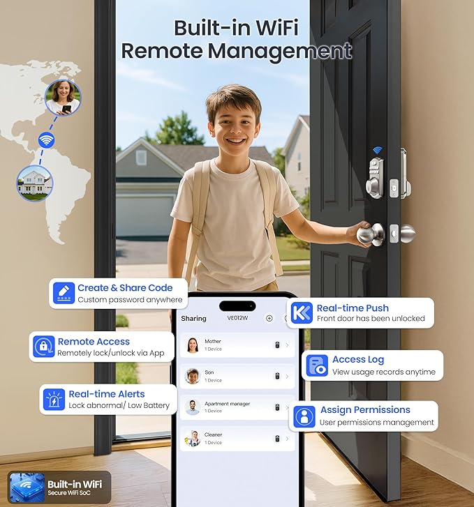 Veise VE012W Built-in WiFi Fingerprint Smart Lock, App Remote Control, No Hub Needed, Keyless Entry, Front Door Smart Deadbolt, Digital Keypad, Auto Lock, IP55 Waterproof, BHMA Grade 3, Satin Nickel