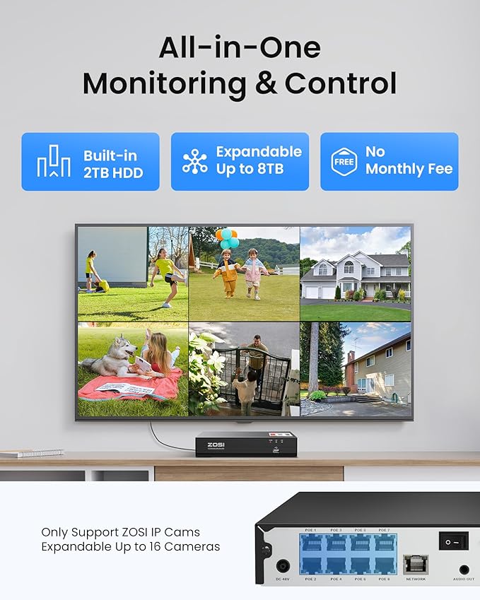 ZOSI C220 4K 8MP 8CH POE NVR Security Camera System (16CH Expandable), 6 x 8MP PoE IP Dome Cameras Outdoor Indoor, AI Human/Vehicle/Face Detection, Two-Way Talk, 100ft IR Night Vision, 2TB HDD
