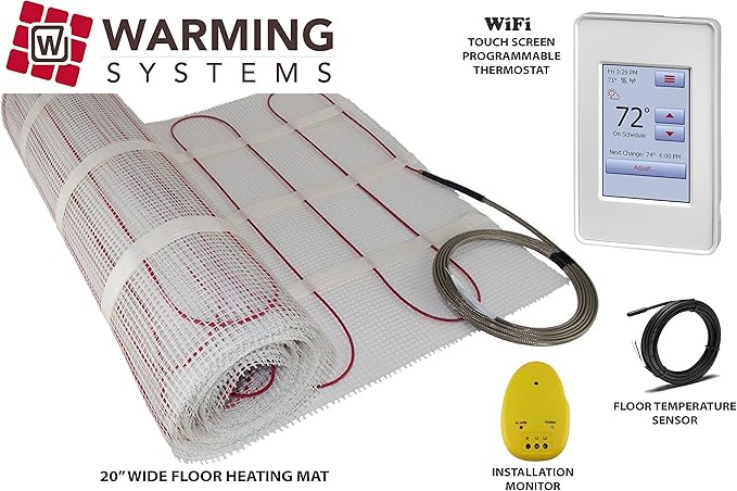 10 Sqft Warming Systems 120 V Electric Tile Radiant Floor Heating Mat with WIFI Touch Screen Programmable Thermostat. Includes Installation Monitor and Floor Temperature Sensor