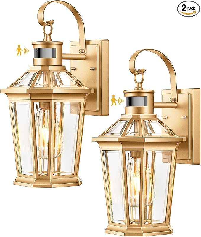 VIANIS Outdoor Wall Lights, Motion Sensor Exterior Light Fixtures Wall Mount, Waterproof Modern Gold Outside Front Porch Light, Anti-Rust Aluminum Outdoor Wall Sconce for House Garage 2 Pack