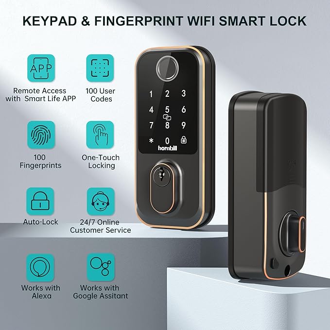 Keypad Wi-Fi Door Locks Smart: Biometric Deadbolt for Front Door, Hornbill Keyless Entry Door Lock Works with Alexa, Keyless Entry Unlock, Auto-Lock/Voice Control for New House, Oil Rubbed Bronze