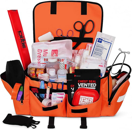 Fully Stocked EMT Trauma Bag – Tactical First Responder Medical Kit with Tourniquet, Chest Seals, Bleeding Control, Gauze, Shears & Bandages – Orange