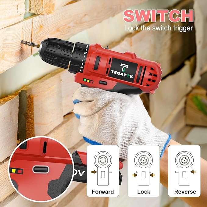 Cordless Drill Set, 3/8 Drill Handheld Screwdriver Kit with 18+1 Torque Setting, 20V Electric Drills Tools Bit, LED Electric Power Drills with Battery and Charger, Red