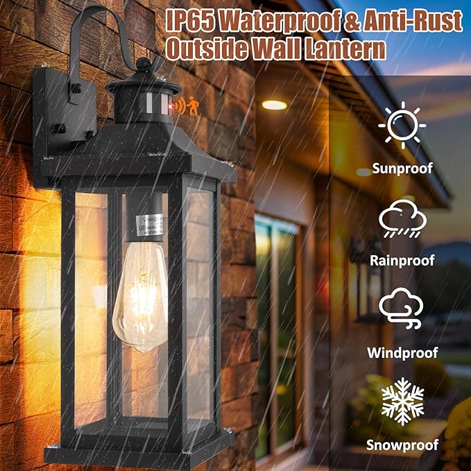 18 Inch Motion Sensor Outdoor Lights 2-Pack, Large Black Dusk to Dawn Outdoor Porch Lights for House IP65 Waterproof Exterior Lighting Fixtures for Front Door Garage Lantern Sconces