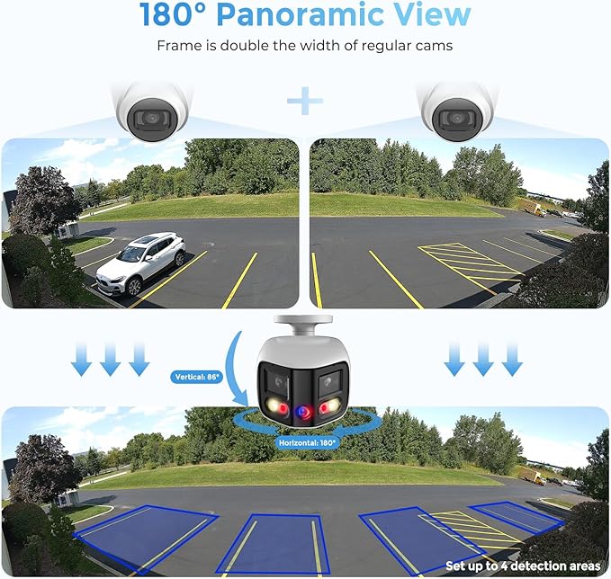 Dual-Lens 4K (8MP) TiOC Outdoor POE Camera - 2 x 4MP Duo 180° Panoramic Wide Angle AI Bullet IP Camera, Dual Color Night, Smart PSS Lite, DMSS, Active Detterence, 2-Way Audio, Human/Vehicle Detection