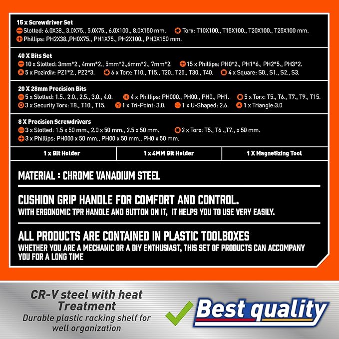 Amartisan 86-Piece Magnetic Screwdrivers Set with Case, Includs Slotted, Phillips, Hex, Pozidriv,Torx and Precision Screwdriver Set, Magnetizer Demagnetizer Tools, Tools for Men