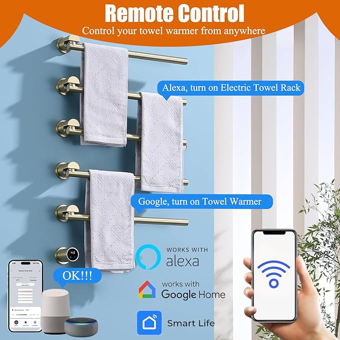 Heated Towel Rack Concealed Smart, 93W Swivel Electric Towel Warmer for Bathroom, Built-in Modular Electric Towel Rack with Timer, Thermostat, LED Display, APP, 5 Bars 180° Rotation, Hardwired, Gold