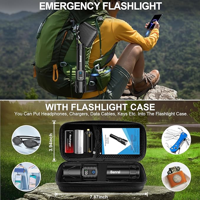 Rechargeable Tactical Flashlights High Lumens - Super Bright LED Powerful Flash Light, Waterproof Handheld USB C Flashlight for Camping,Emergencies,Home,5 Modes,Zoomable (1, Black)