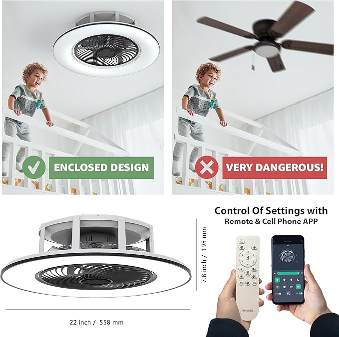 Bladeless Ceiling Fan with Light and Remote Control Low Profile Ceiling Fan 22" Modern Enclosed Multi-Speed Indoor Ceiling Fan 3 Color Temperatures Smart LED Dimmable Lighting (Black)