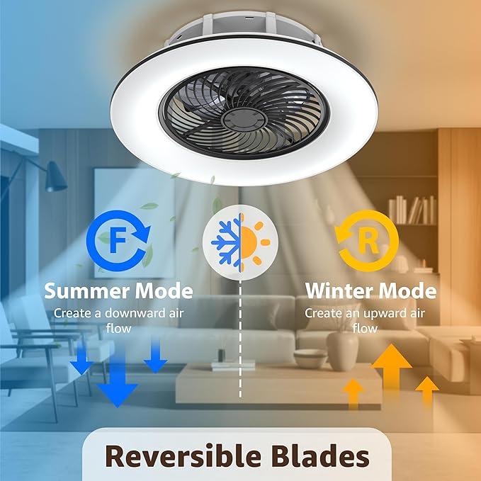 Bladeless Ceiling Fan with Light and Remote Control Low Profile Ceiling Fan 22" Modern Enclosed Multi-Speed Indoor Ceiling Fan 3 Color Temperatures Smart LED Dimmable Lighting (Black)